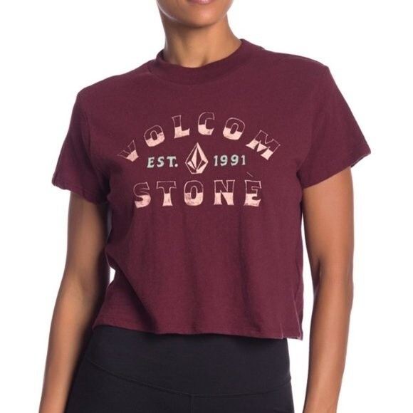 VOLCOM Size Medium 100% Cotton Maroon Oversized Crop Top Short Sleeve Crewneck - Picture 1 of 9